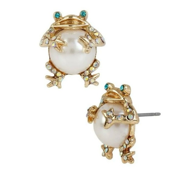 💕Betsey Johnson “Pearl Critters” Frog Crystal Stud Earrings💕 NIP - Picture 1 of 6